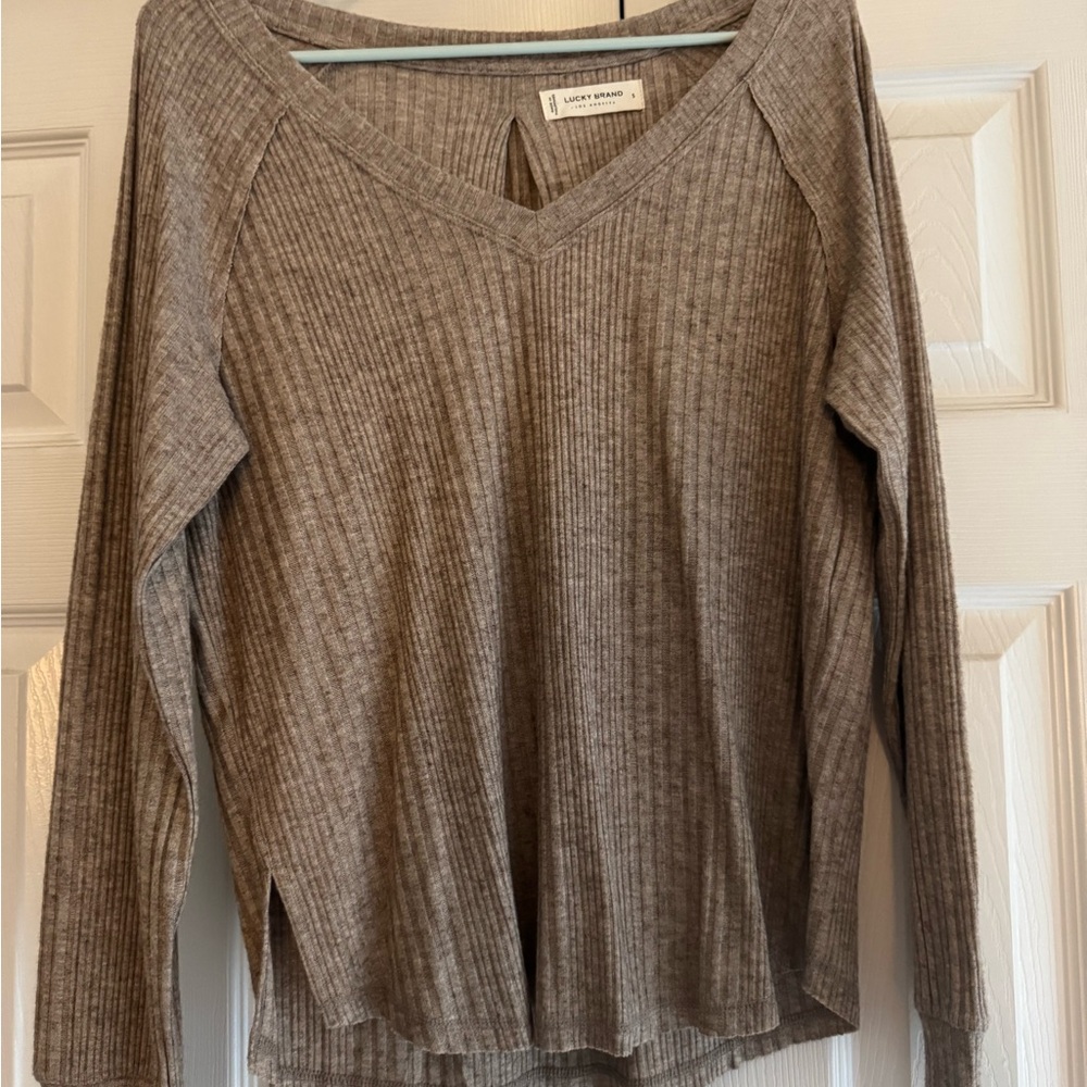 Lucky Brand Taupe Ribbed V-Neck Sweater